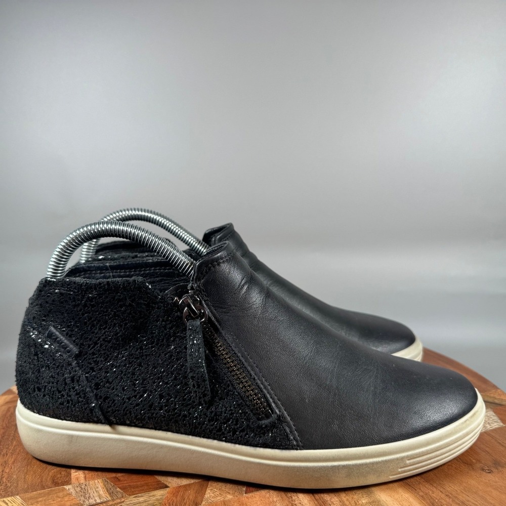 ECCO Soft 7 Bootie Black Leather Glitter Side Zip Wedge‎ Sneakers Women 39 8